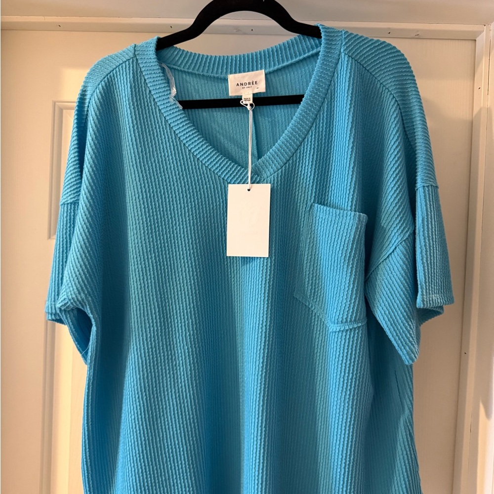 ANDREE BY UNIT Turquoise Ribbed Short Sleeve Top